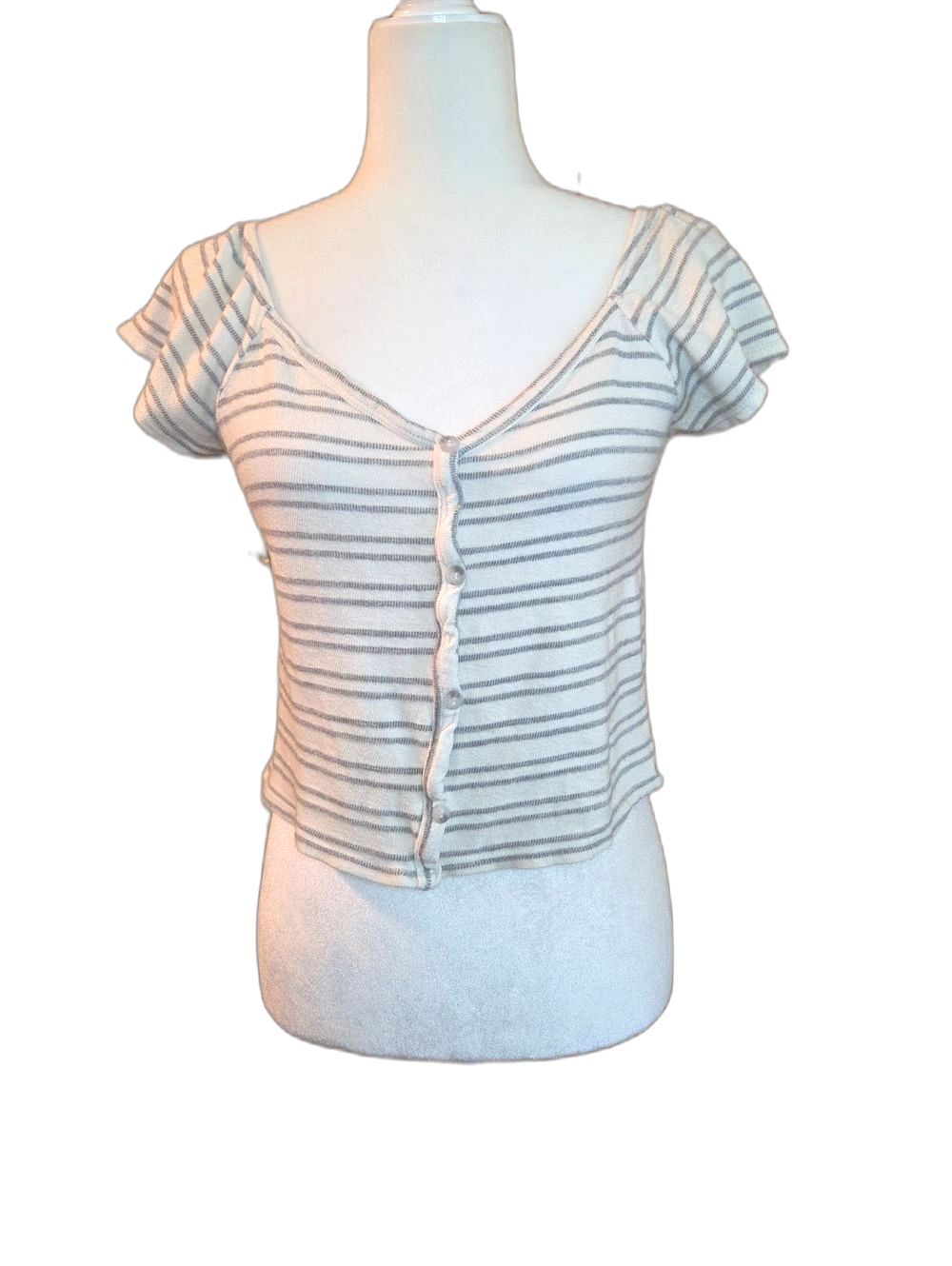Caution To The Wind Cream & Gray Striped Button-Front Crop Top